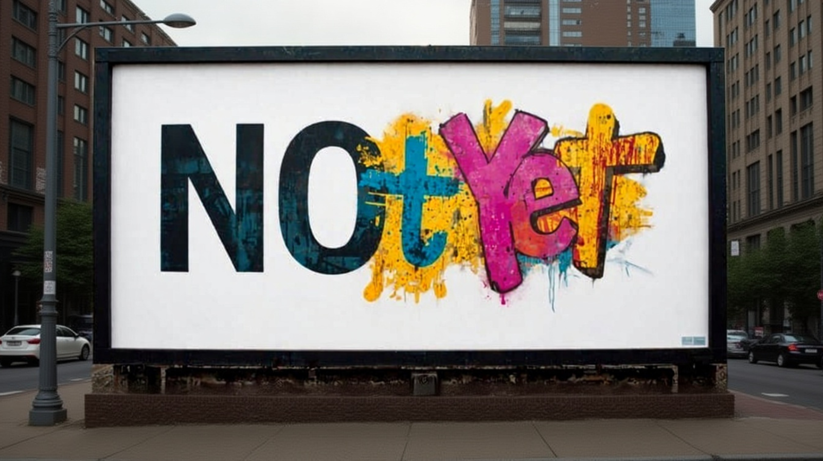 A billboard with the word "NO" printed and graffiti transforming the message to "Not Yet"